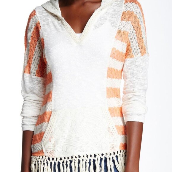 Miss Me Size Medium Stripe Knit Hooded Sweater Crochet Fringe Boho Gauze Cream - Picture 2 of 9